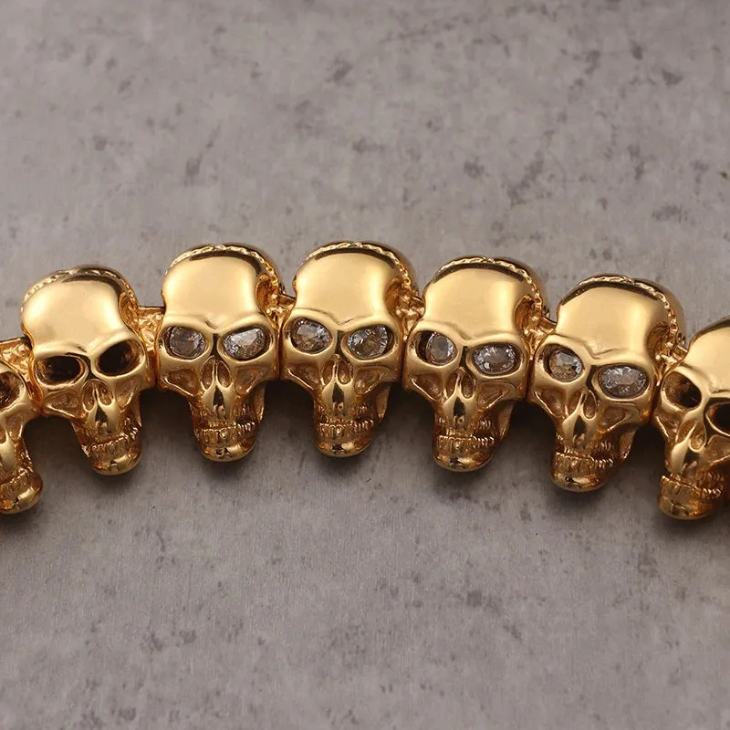 137g Huge Stainless Steel 18K GP Row Skulls Biker Bracelet