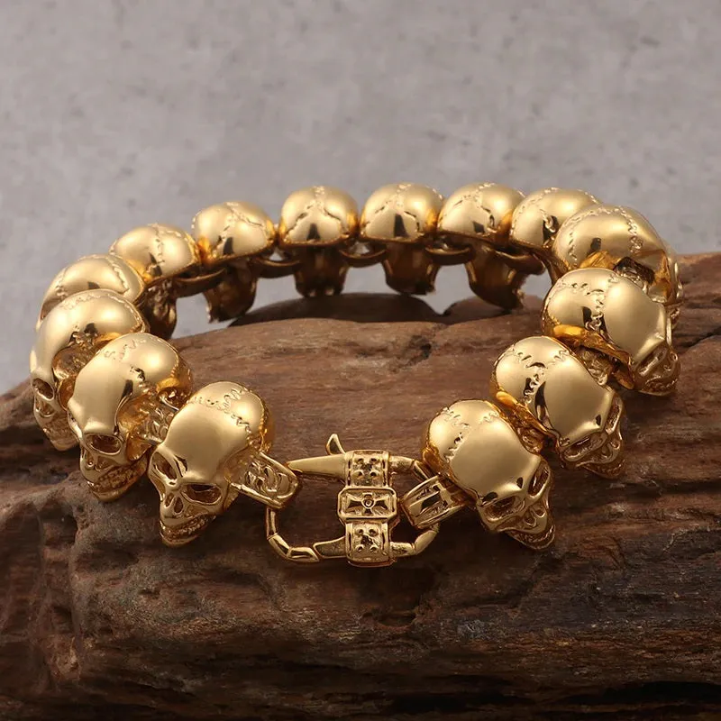 137g Huge Stainless Steel 18K GP Row Skulls Biker Bracelet