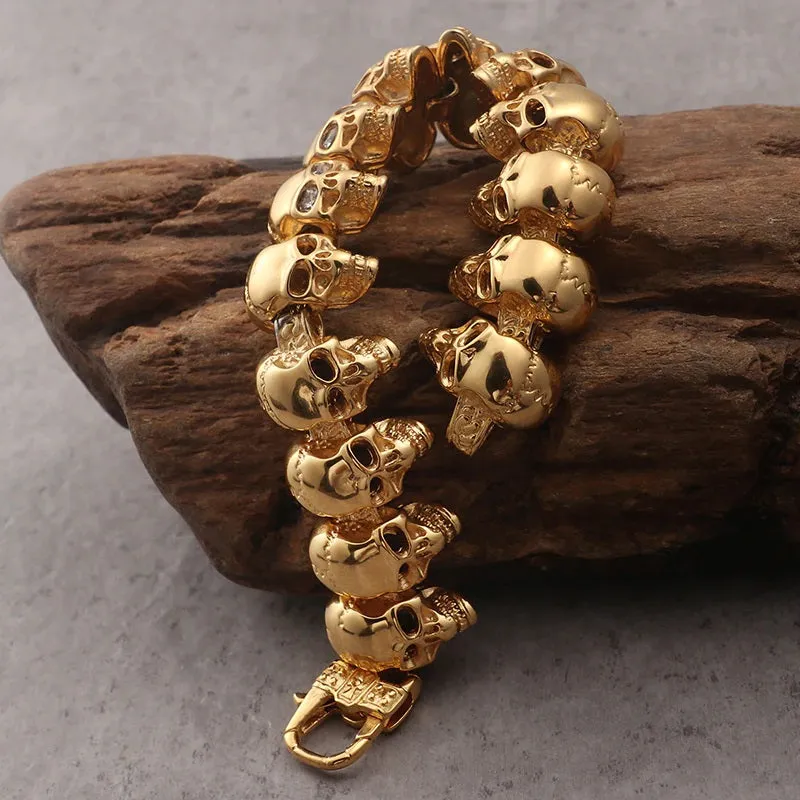 137g Huge Stainless Steel 18K GP Row Skulls Biker Bracelet