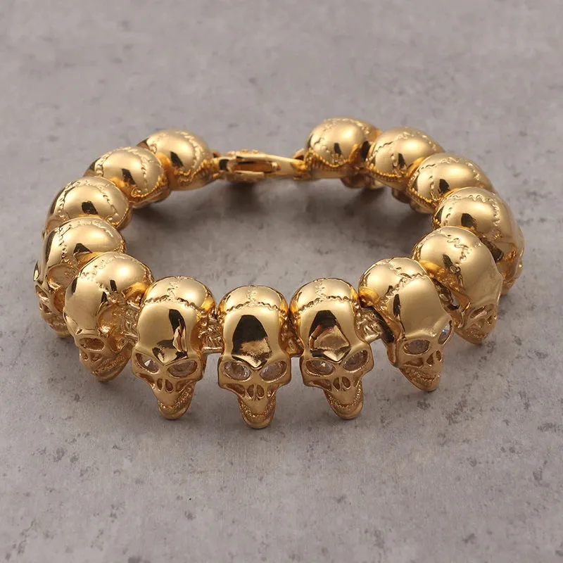 137g Huge Stainless Steel 18K GP Row Skulls Biker Bracelet