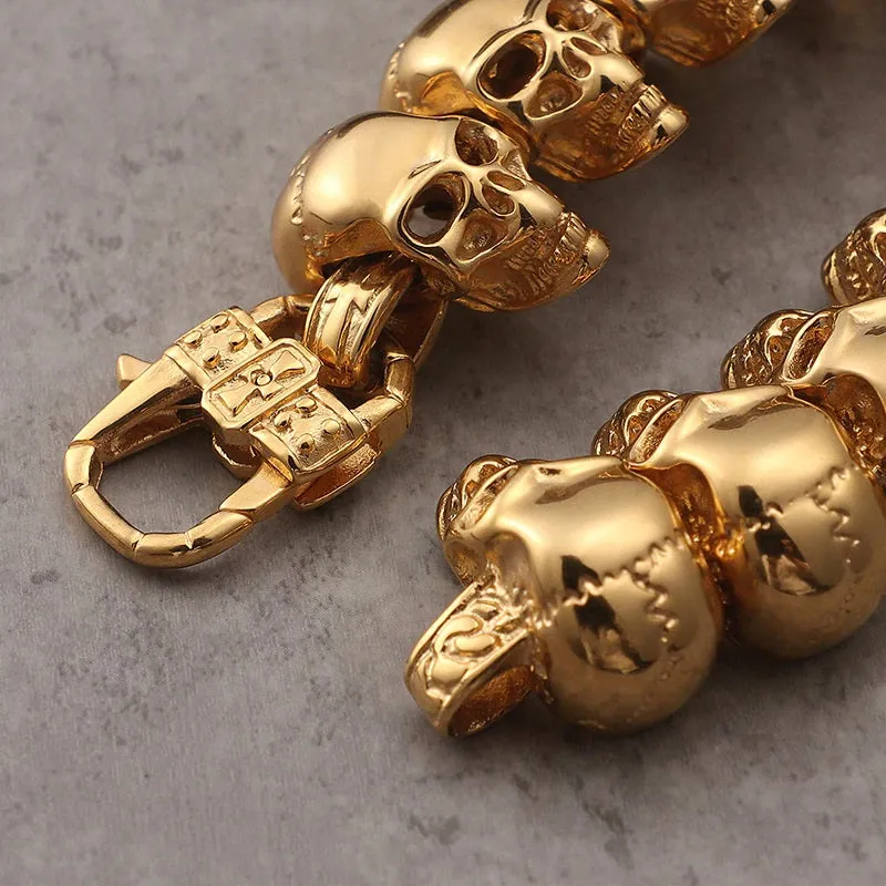 137g Huge Stainless Steel 18K GP Row Skulls Biker Bracelet