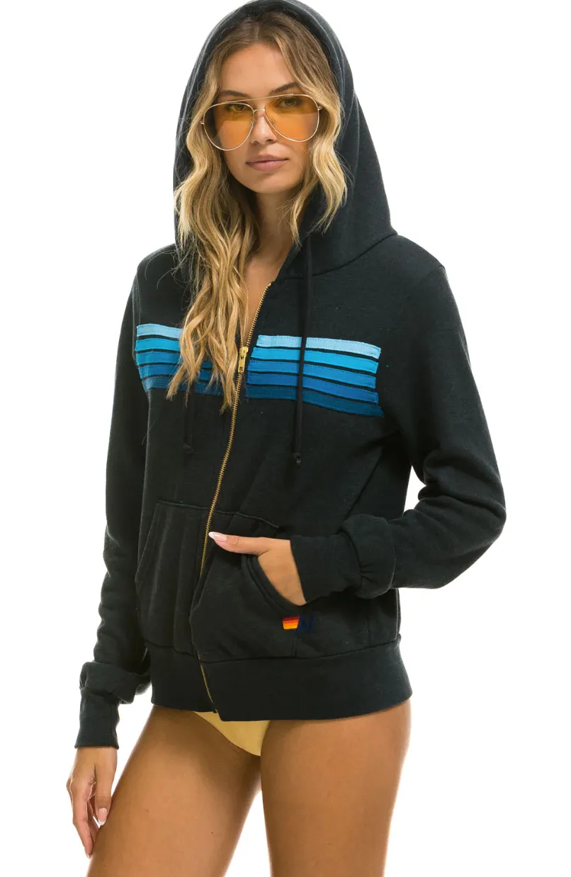 5 Stripe Zip Up Hoodie ~ Charcoal / Blue