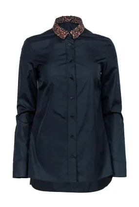 Akris - Black Button Down Shirt w/ Embellished Copper Beaded Collar Sz 6