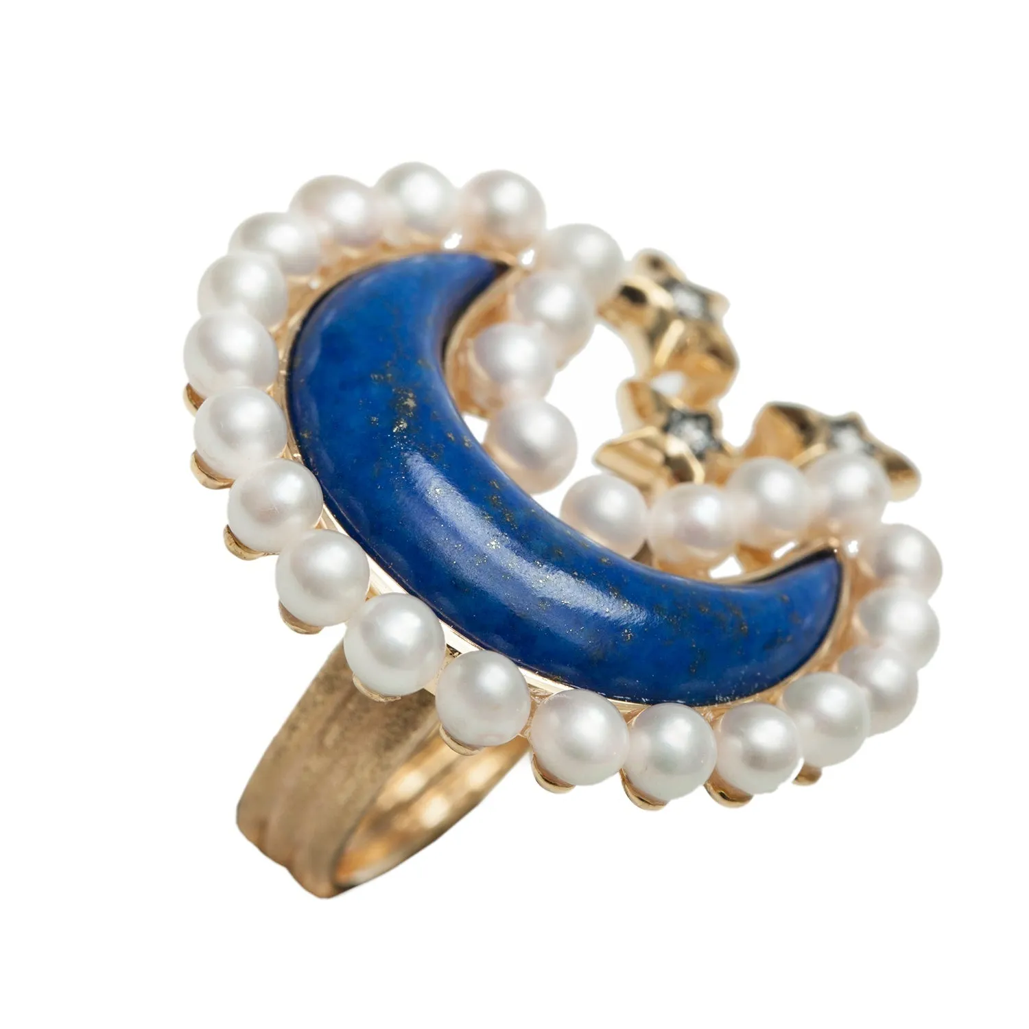 AMMANII Lapis Lazuli and Freshwater Pearls Moon with Stars Ring in Vermeil Gold