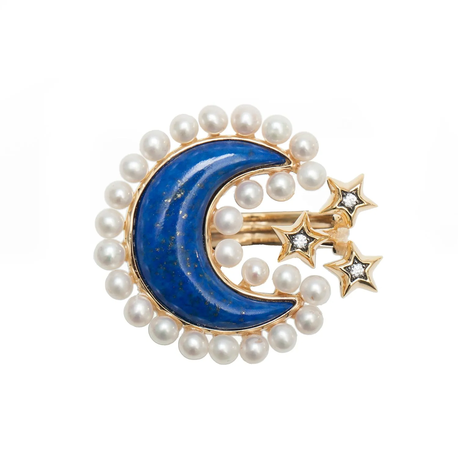 AMMANII Lapis Lazuli and Freshwater Pearls Moon with Stars Ring in Vermeil Gold