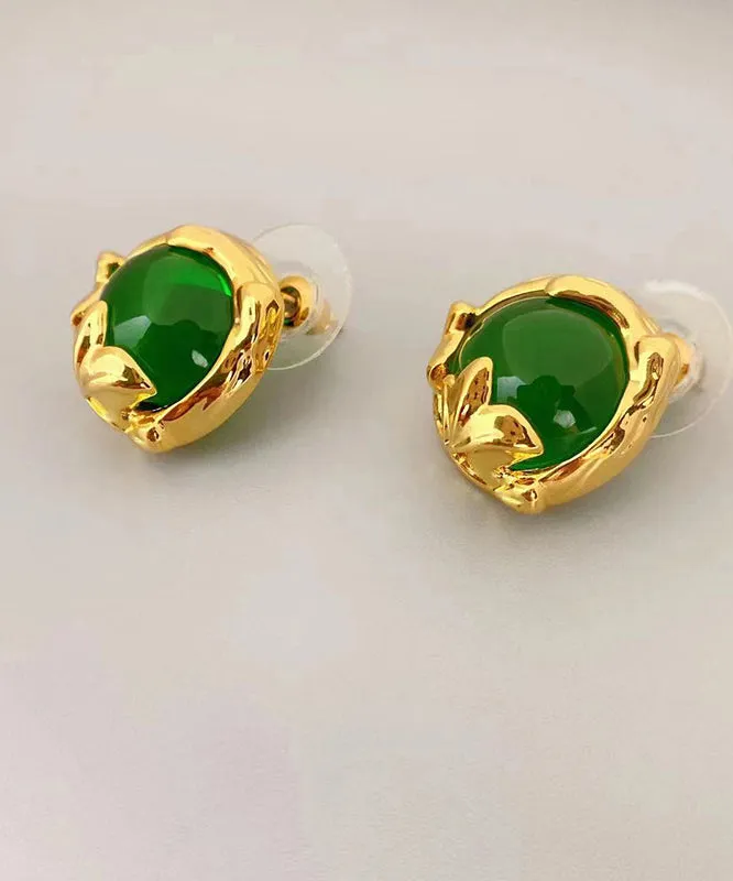 Art Green Copper Overgild 14K Gold Gem Stone Stud Earrings DF1025