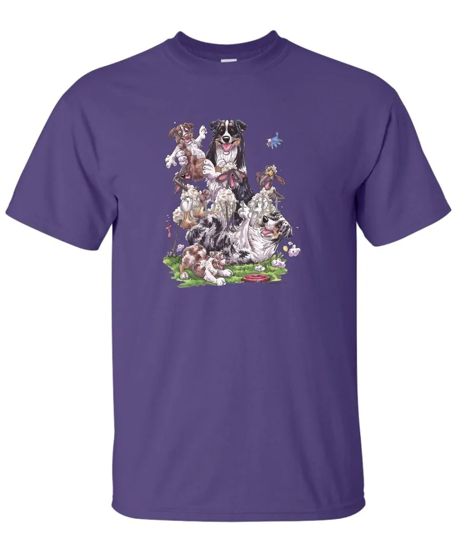 Australian Shepherd - Group Sheep And Puppies - Caricature - T-Shirt