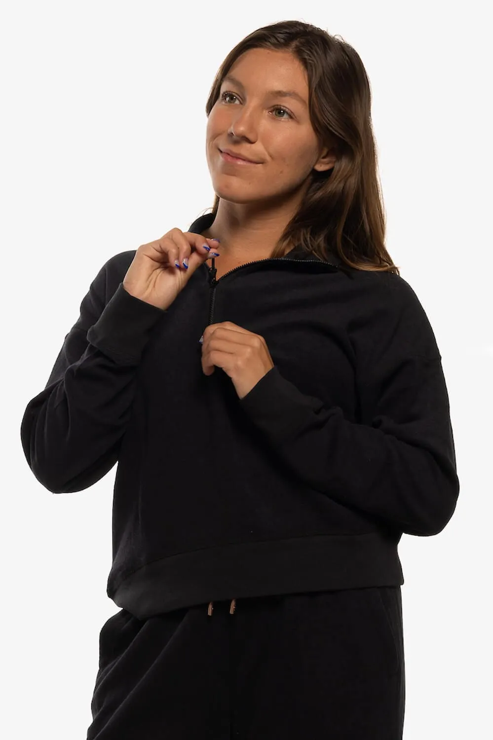 Callie Terry Cloth  1/4 Zip Pullover Sweatshirt - Black