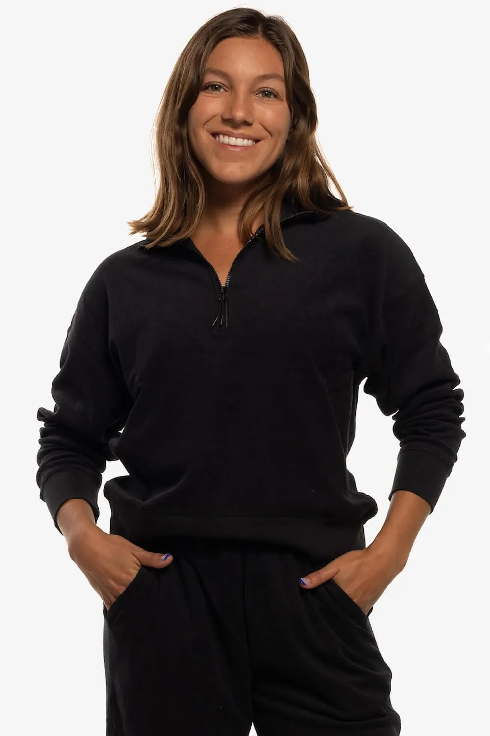 Callie Terry Cloth  1/4 Zip Pullover Sweatshirt - Black