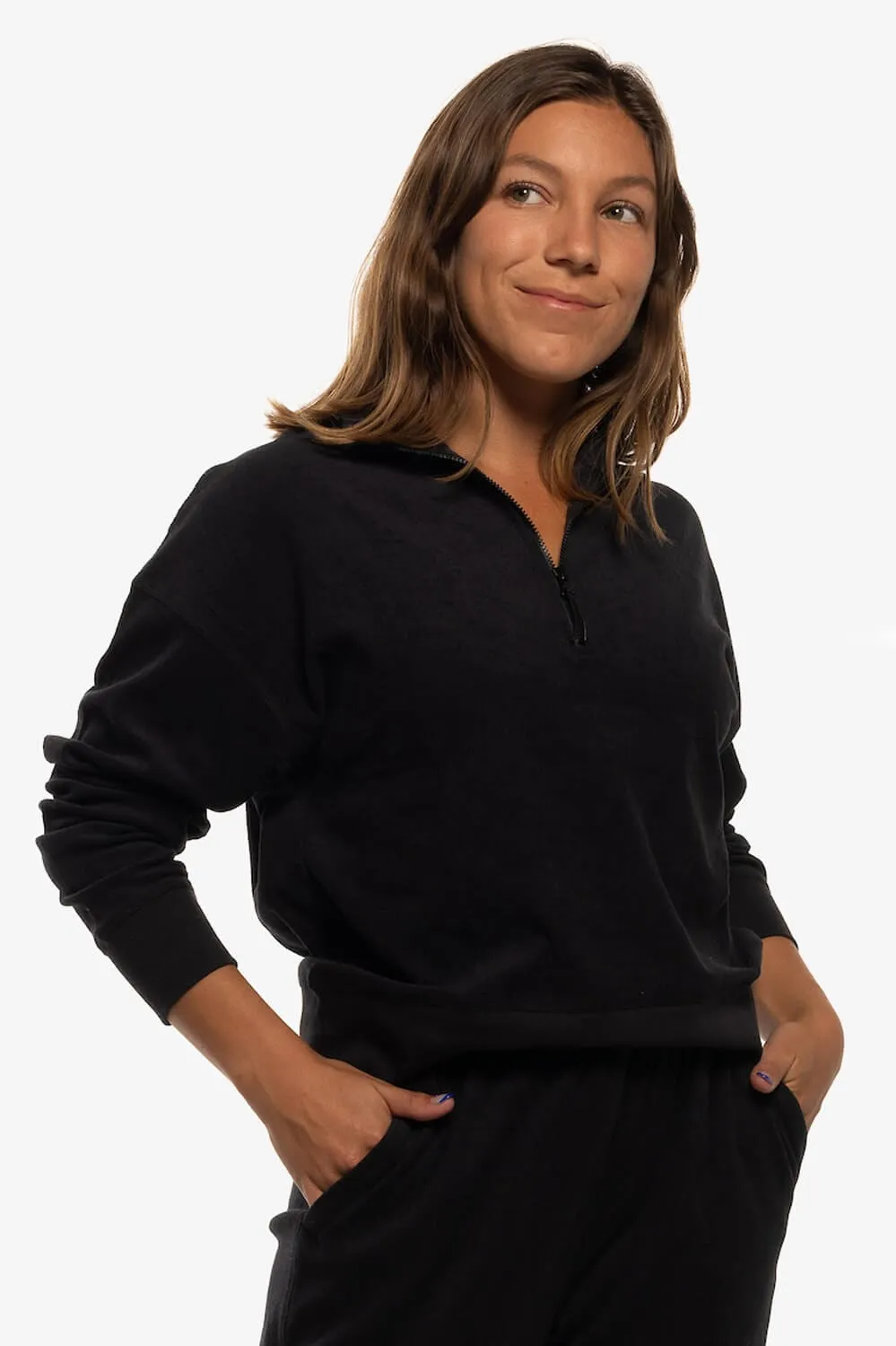 Callie Terry Cloth  1/4 Zip Pullover Sweatshirt - Black