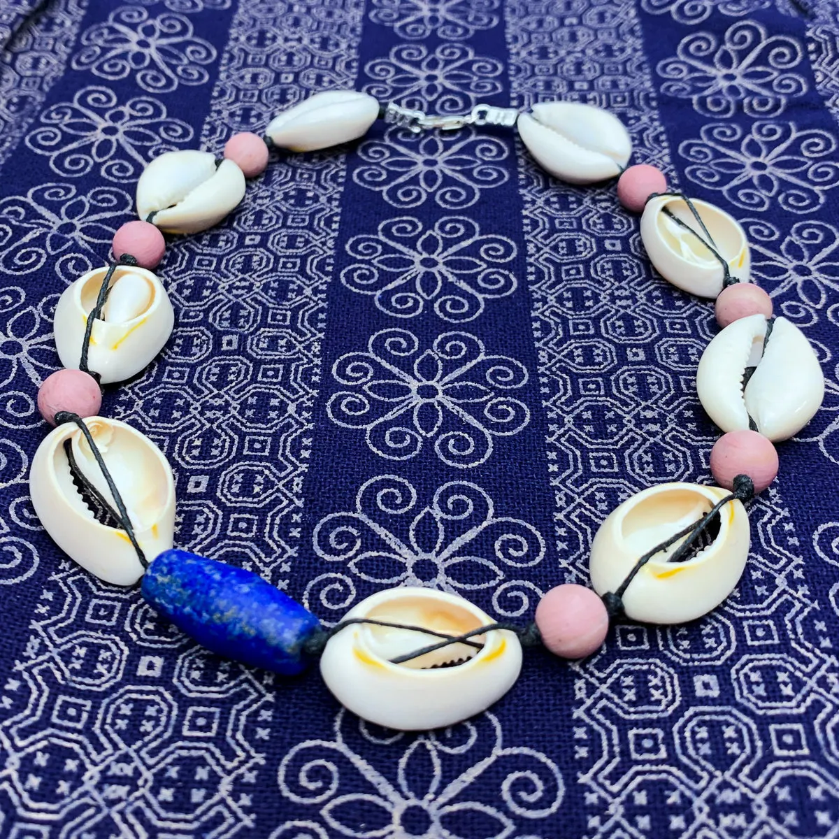 Cowrie Shell, Lapis Lazuli and Thulite Choker Necklace With Sterling Silver Trigger Clasp