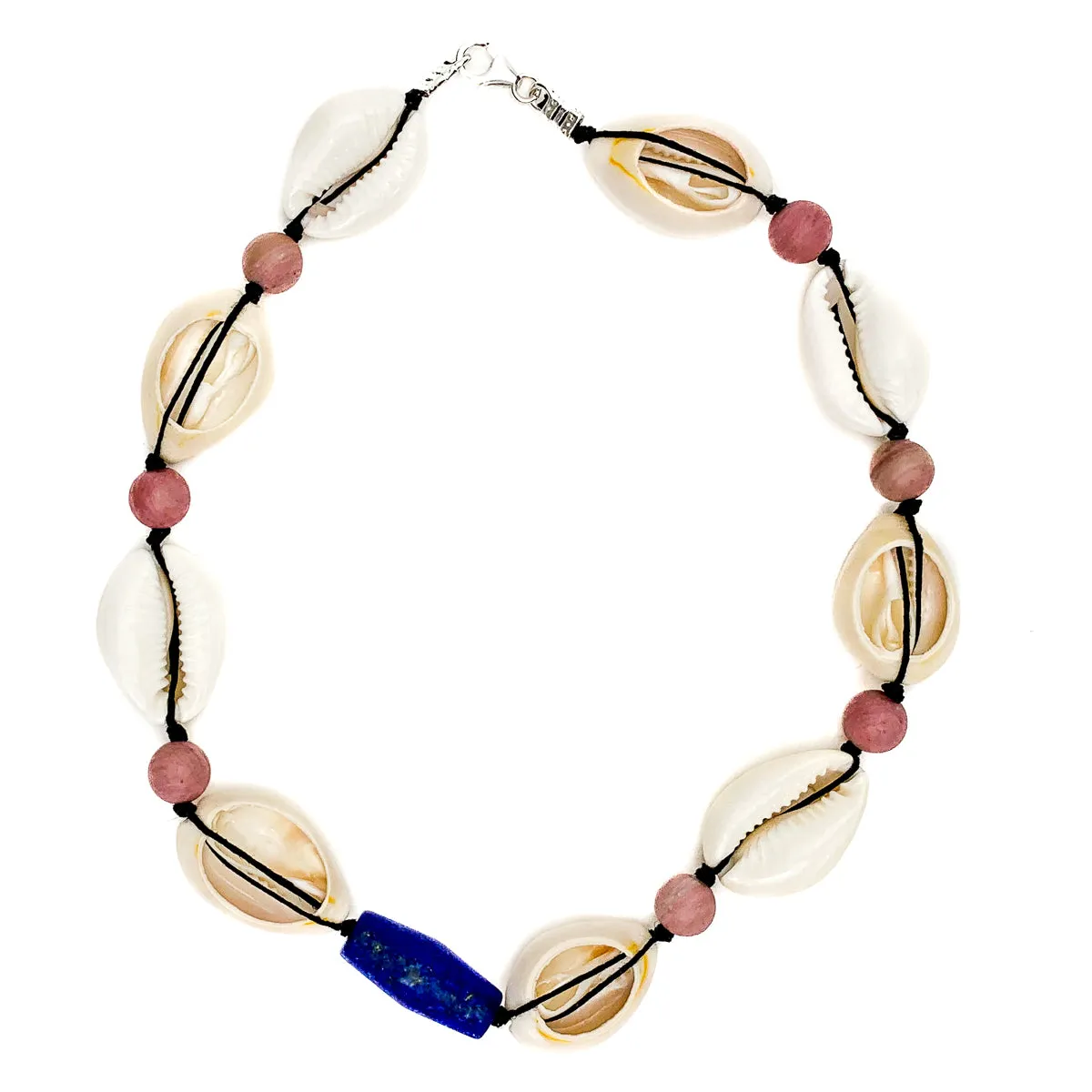 Cowrie Shell, Lapis Lazuli and Thulite Choker Necklace With Sterling Silver Trigger Clasp