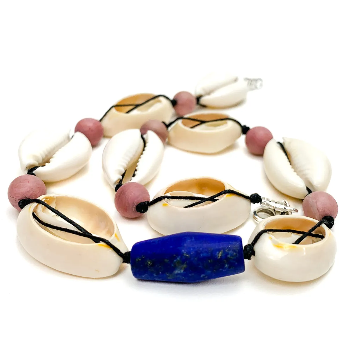 Cowrie Shell, Lapis Lazuli and Thulite Choker Necklace With Sterling Silver Trigger Clasp