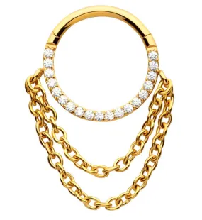 Gold PVD Pave CZ Double Dangle Chain Stainless Steel Hinged Segment Ring