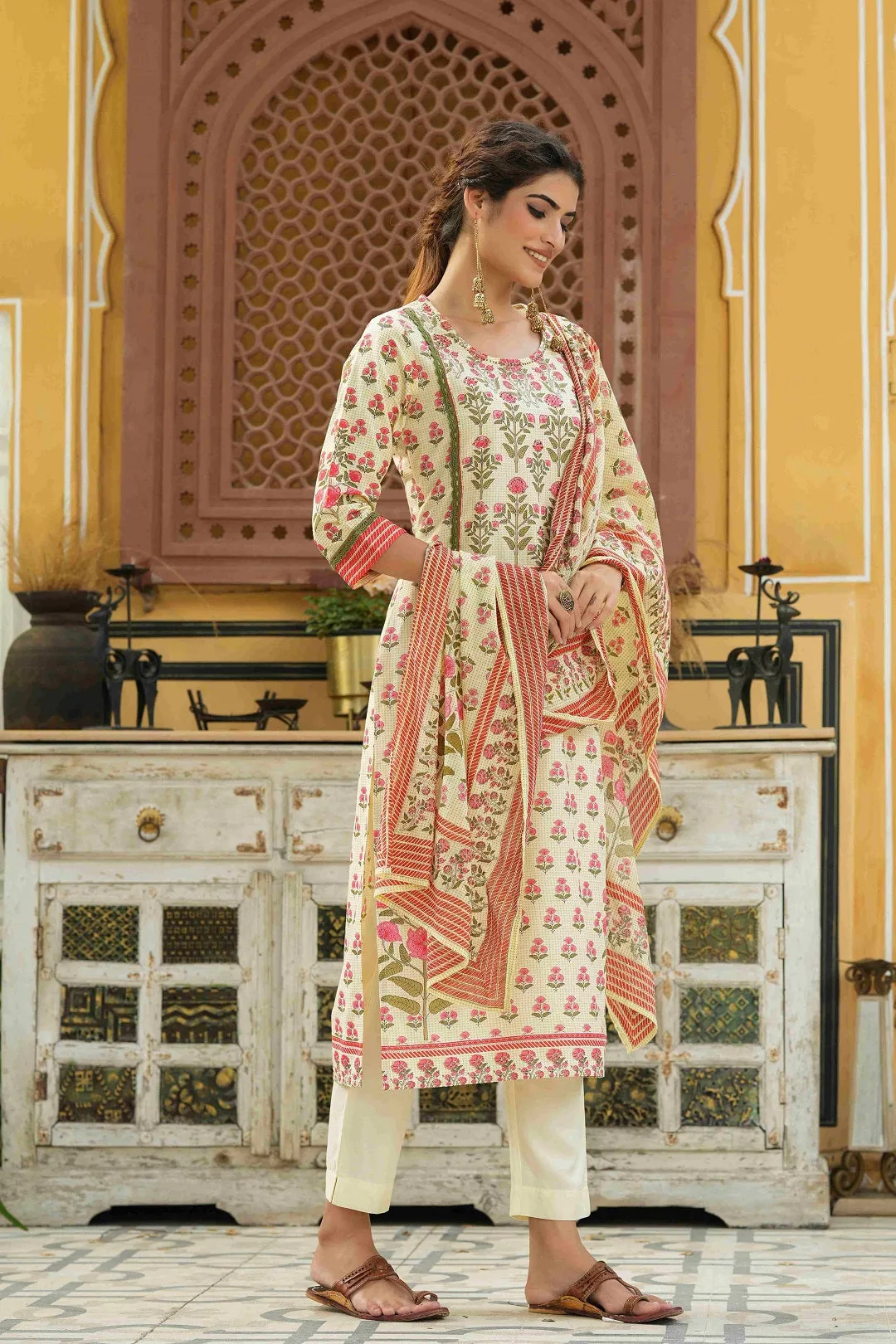 Juniper Ivory Ethnic Motif Printed Rayon Kurta Pants & Dupatta Set.