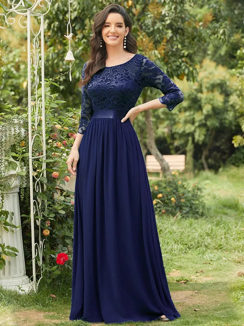 Lace Top Three Quarter Sleeve Flowy Bridesmaid Dress