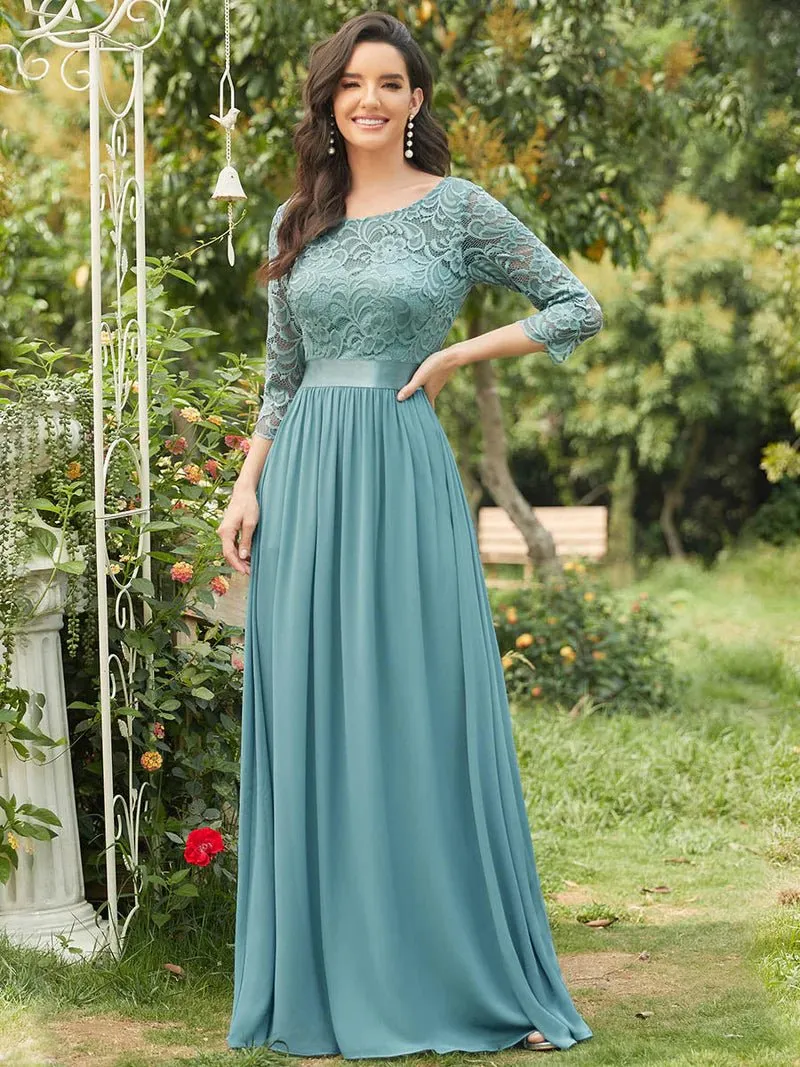 Lace Top Three Quarter Sleeve Flowy Bridesmaid Dress