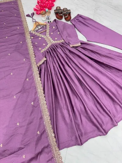 Lavender Alia Cut Chinon Silk Anarkali Suit Set