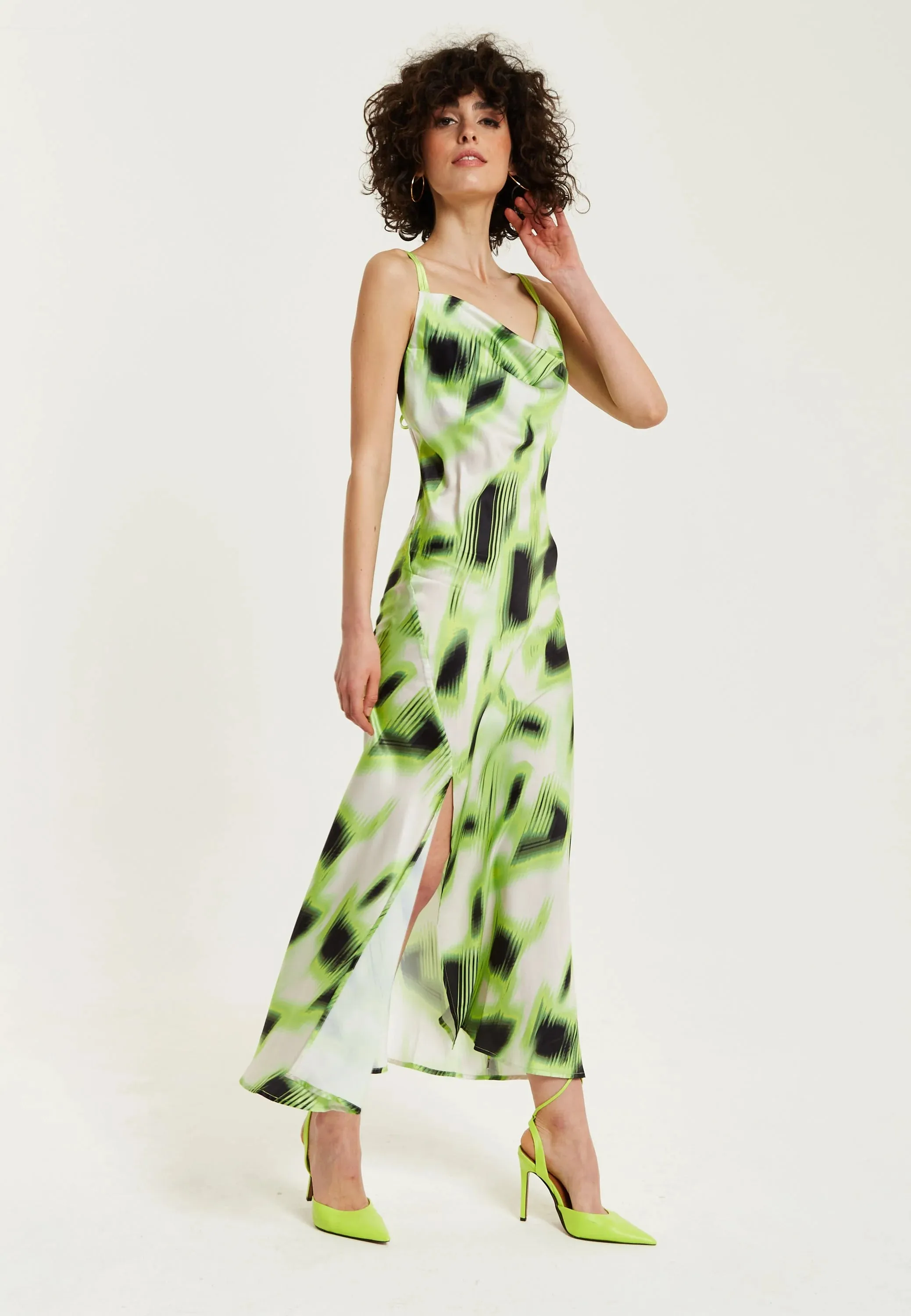 Liquorish Green And Black Abstract Print Cowl Neck Midi