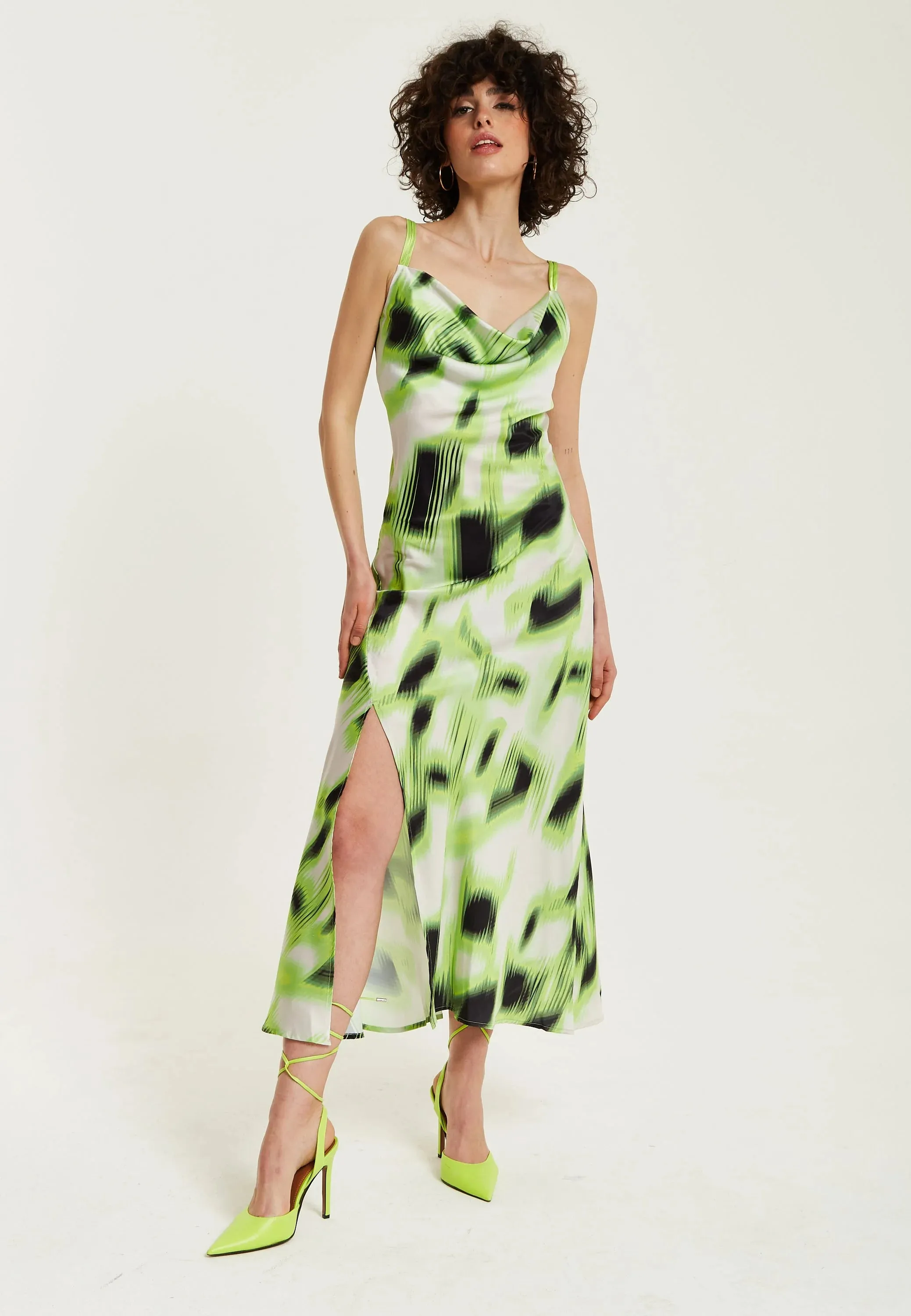 Liquorish Green And Black Abstract Print Cowl Neck Midi