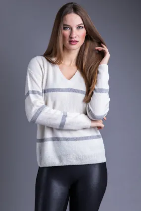 Majestic Cashmere Long Sleeve V-Neck in Milk/Gris Chine Clair