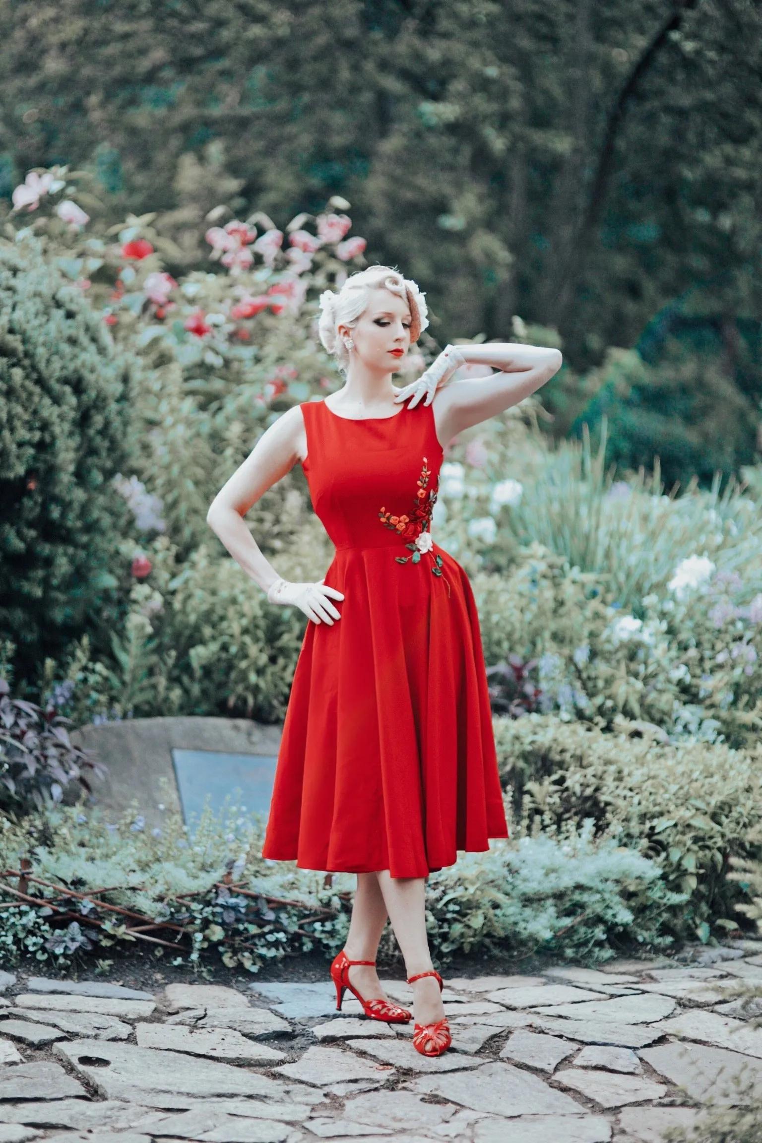 red camellia - 3D ribbon embroidery dress