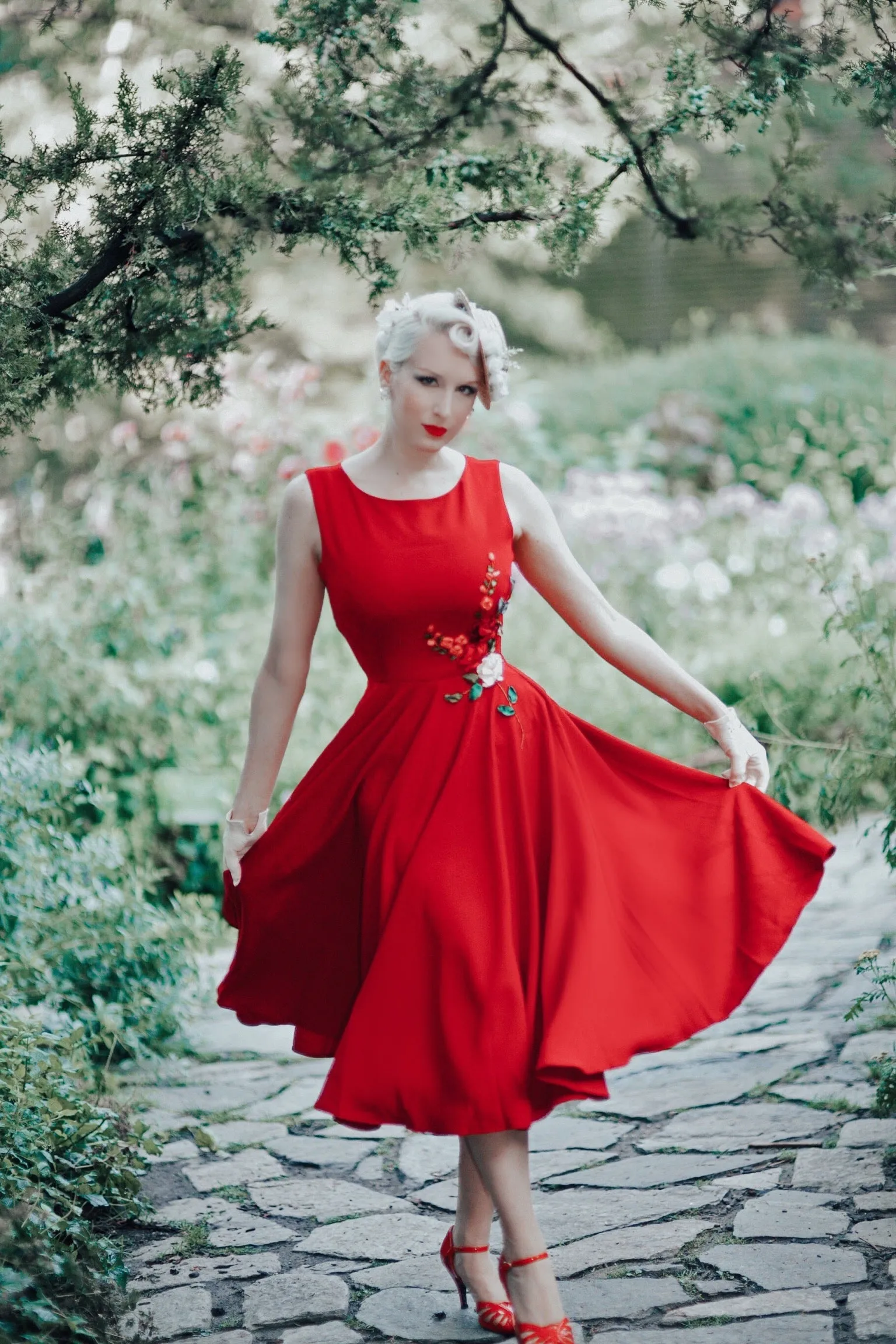 red camellia - 3D ribbon embroidery dress