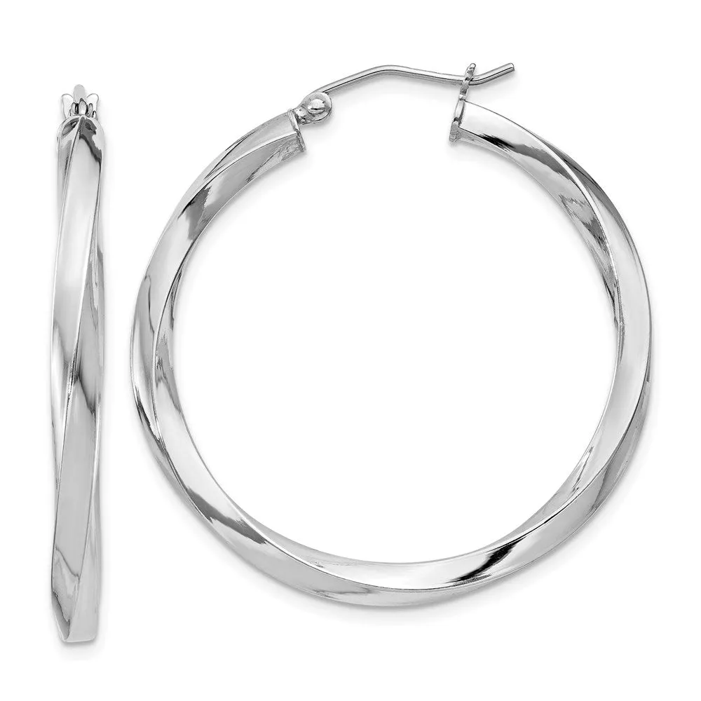 Rhodium-Plated 3x35mmTwisted Hoop Earrings in Sterling Silver