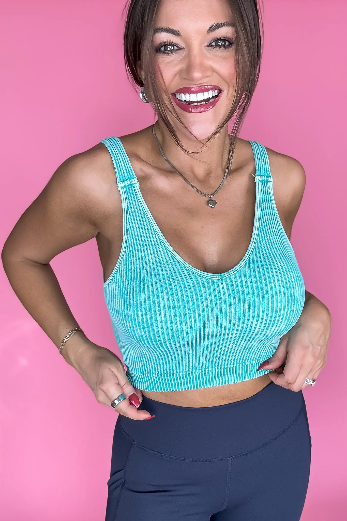 Say Anything Turquoise Washed Ribbed Cropped Bra Padded Tank Top