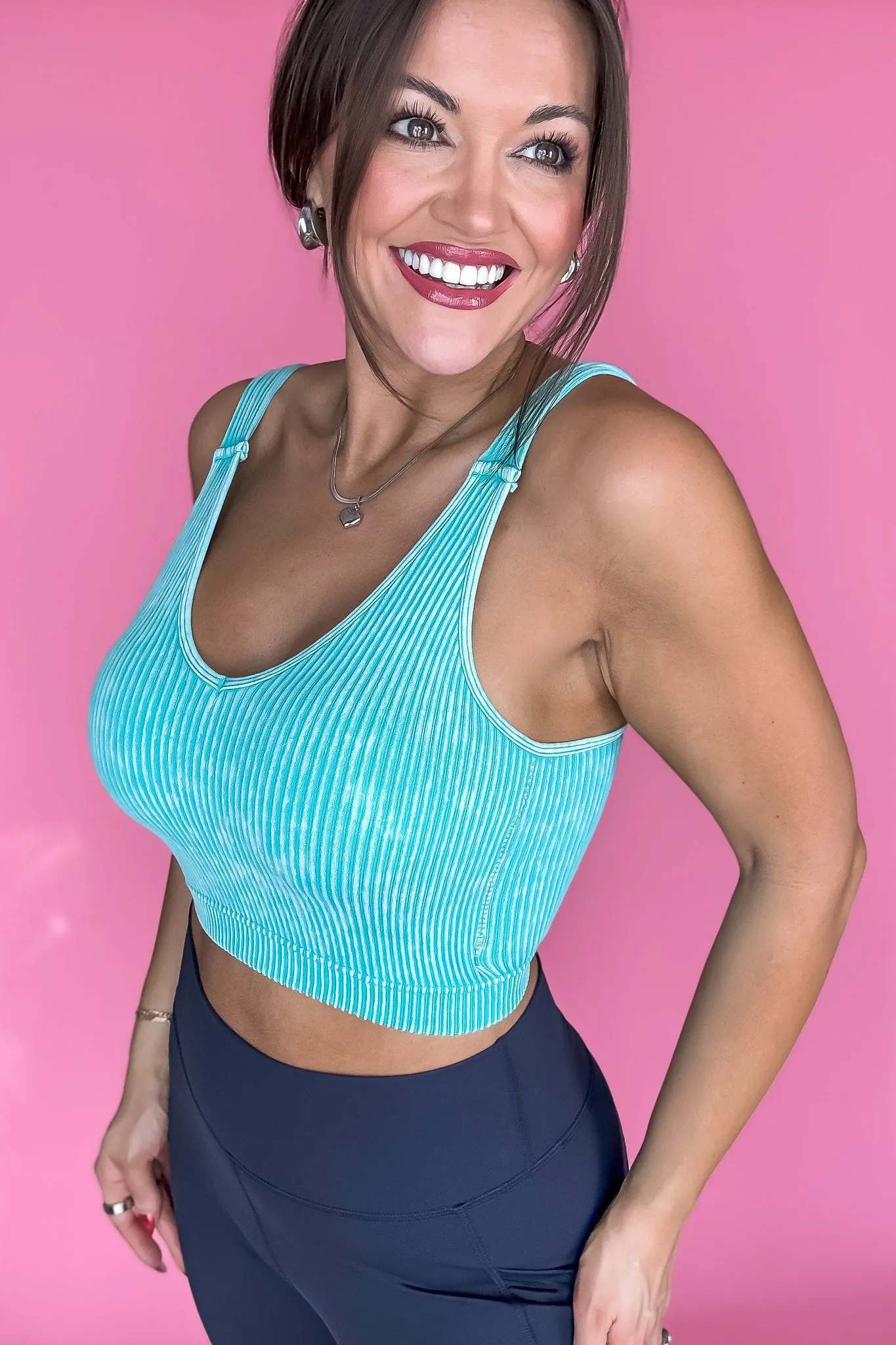 Say Anything Turquoise Washed Ribbed Cropped Bra Padded Tank Top