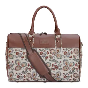 The Clownfish Brooklyn 32 litres Tapestry with Faux Leather Unisex Travel Duffle Bag Weekender Bag (Dark Brown-Floral)