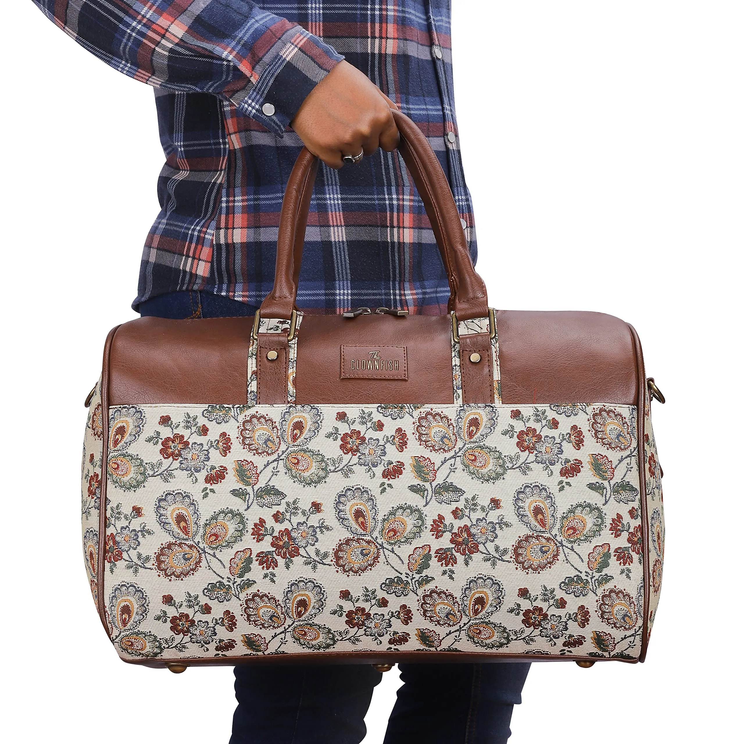 The Clownfish Brooklyn 32 litres Tapestry with Faux Leather Unisex Travel Duffle Bag Weekender Bag (Dark Brown-Floral)