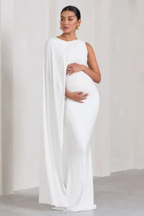 Unveil | White One-Sleeve Cape Maternity Maxi Dress