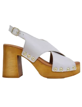 Zoccoli slingback donna in pelle bianca con fibbie oro e tacco alto